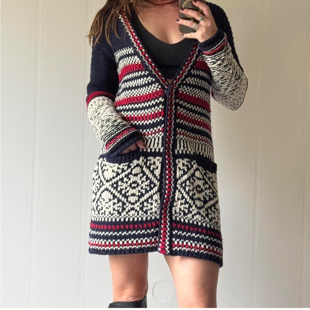 Navy and Red Patterned cardigan Sweater; size M